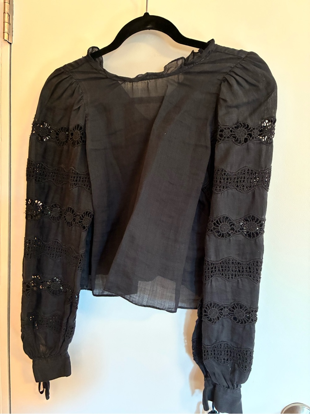 Wilfred Black Sheer Lace-Trim Long Sleeve Blouse